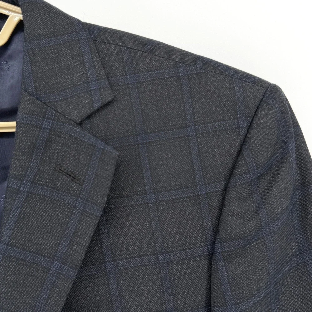 Jos. A. Bank Reserve Mens 42 Long Silk Wool Windowpane Blazer Charcoal Grey Blue